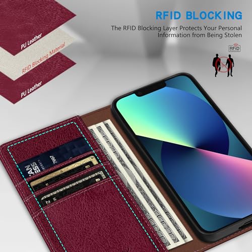Image of ZZXX for iPhone 13 Mini Wallet Case Strong Magnetic 5.4 inch,Wine Red
