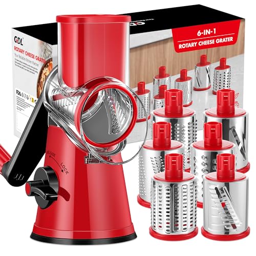 Image of GDL Cheese Grater Hand Crank - Upgraded 6-in-1 Cheese Grater with Handle and Strong Suction Base, Multi-purpose Cheese Shredder Vegetable Slicer Ice Shaver for Potato, Vegetables, Nuts, Chocolate