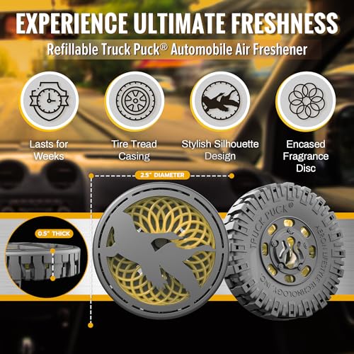 Image of Drive Time Truck Puck Citrus Sky Fragrancee Car Air Freshener - Long-Lasting Car Deodorizer, Refillable Vent & Visor Clip Auto Air Freshener for Car, Truck & SUV, Premium Fragrance, Pack of 3