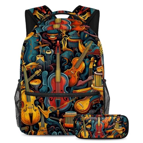 Sac à dos motif guitare et trousse assortie pour ranger les affaires de classe au collège