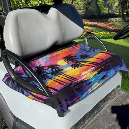 ZIATUBLES Palm Tree Sunset Glow Oil Painting Print Golf Cart Seat Cover Golf Cart Accessories Breathable Soft Towel Blanket Washable Golf Cart Seat Protector for Most 2-Person Club Cart
