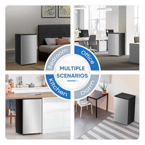 NEWBULIG Mini Fridge with Freezer 3.2 Cu.Ft Small Refrigerator for Office, Dorm, Small Fridge with Adjustable Thermostat, Energy Saving, Singel Door, Sliver