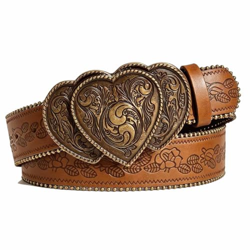 Image of Yalice Western Brown Belt for Women Vintage Cowgirls Leather Jeans Belts with Embossed Buckle