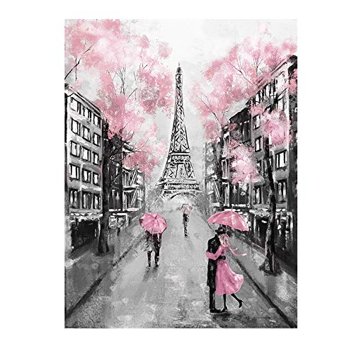 WENYOG Toile Image Peinture Pink Romantique City Couple Paris Tour Eiffel Paysage Huile Peinture sur Toile Affiches et Impressions Picture Murale pour la décoration Toile Murale Deco