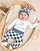 AGAPENG Baby Boy Clothes 3-6 Months hi I'm new here Letter Print Romper Onesie Blue And White Checkerboard Plaid Pants Hat 3pcs Baby Boy Gifts