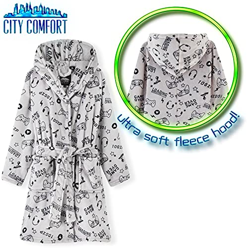 CityComfort Jungen Bademantel, Kinder Morgenmantel Flauschig für Gamers, Fleece Kinderbademantel mit Kapuze und Seitentasche, Weich Bademantel Kinder (Grau, 11-12 Jahre)