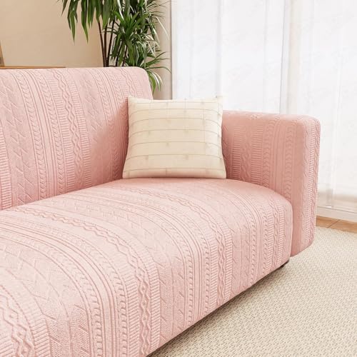 Image of Lukzer 5 Seater Pastel Pink Zigzag Pattern Sofa Cover | 240 GSM Universal Stretch Fit 3+1+1 Jacquard Fabric Couch Protector | Fully Covered Anti Slip & Washable Sofa Cover (SC-078-05)
