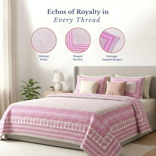 Image of Jaipur Weaves Jaipuri Double Bed Cotton Bedsheet Queen Size 90x85, 120 TC 100% Pure Cotton Bed Sheet with 2 Pillow Covers, Floral Traditional Print (Motifs Pink, Double)