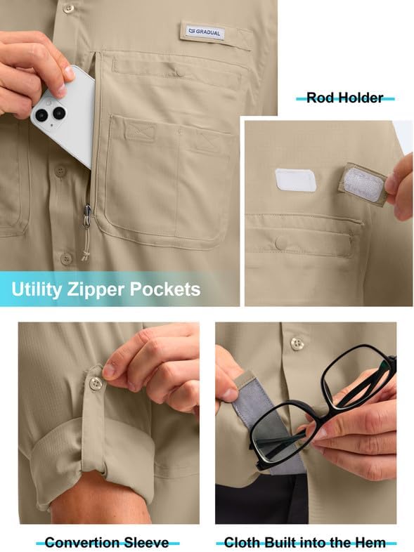Men's Long Sleeve Sun Protection Fishing Shirt with Zipper Pockets UPF 50+ Lightweight Cool Sun Shirts for Men Hiking Outdoor - Image 4
