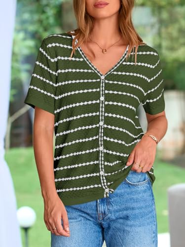 Image of NALANISA Women's Short Sleeve Sweater Spring Summer Crochet Knit Tops 2026 V Neck Striped Button Down Dressy Casual Blouses