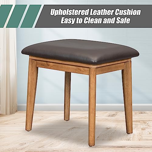 Image of Vanity Table Set with Flip-top Mirror and Cushioned Stool, 43.3 inch Classic Wood Makeup Vanity Set, Dressing Table with 3 Woven Rattan Drawers and Storage Space for Bedroom (Brown with Flip-top Mirror)