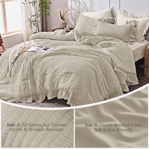 Image of JOLLYVOGUE King Size Comforter Set, 3 Pieces Oatmeal Seersucker Comforters King Size, Lightweight & Fluffy Bedding Sets King for All Season with 1 Ruffle Comforter and 2 Ruffle Pillowshams