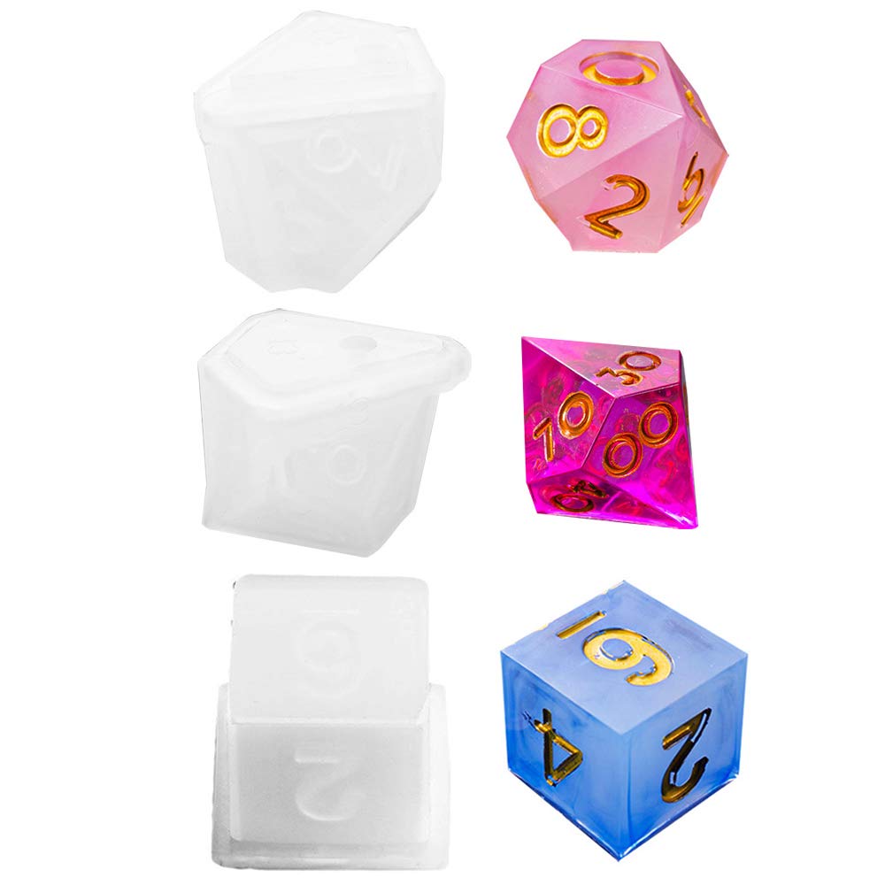 Daimay 3PCS Dice Silicone Casting Molds 3 Shapes with Alphabet Number Epoxy Resin Molds Square Triangle Dice Polyhedral Dice Molds for DIY Jewelry Craft Making Digital Table Game -121314