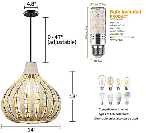 Wicker Pendant Light Beige Rattan Light Fixture Woven Pendant Light Basket Lamp Shade Light Fixtures Ceiling Light Hanging for Kitchen Island Patio Hallway Dining Room Bedroom(Led Bulb Incl.) - Image 3