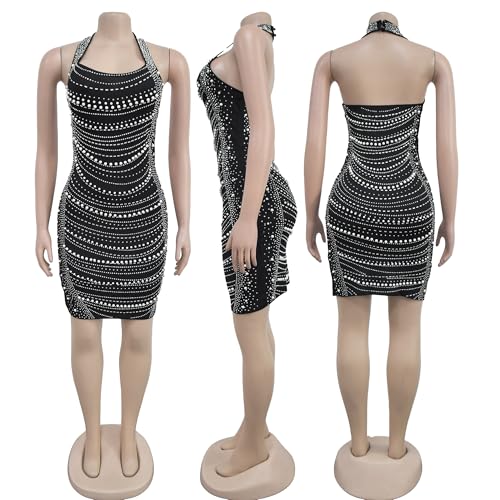 Image of Jigfar Women's Sexy Elegant Rhinestone Halter Sleeveless Bodycon Party Club Night Mini Dress(F7087,Black,XXL)