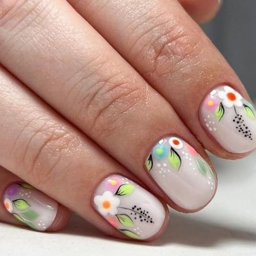 Lote de 24 hojas para pegar en las uñas postizas cortas cuadradas falsas flores acrílicas brillantes