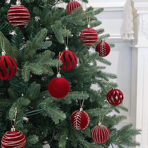 Image of 4inch Velvet Ornaments for Christmas Tree, 9PCS Glitter Flocked Christmas Ornaments Decorations Balls Set Decor Red