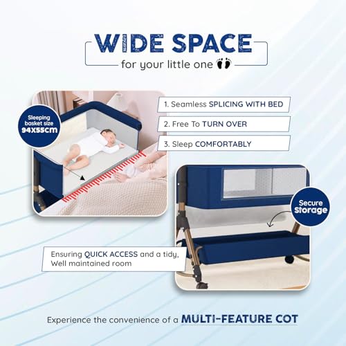 Image of Baby Comfortable 6-in-1 Baby Cot, Crib, Bedside Bassinet, Adjustable Height, Mosquito Net, Storage Basket, Wheels, and Mattress | Easy Folding, Unique Design-Blue | Breathable Cloth