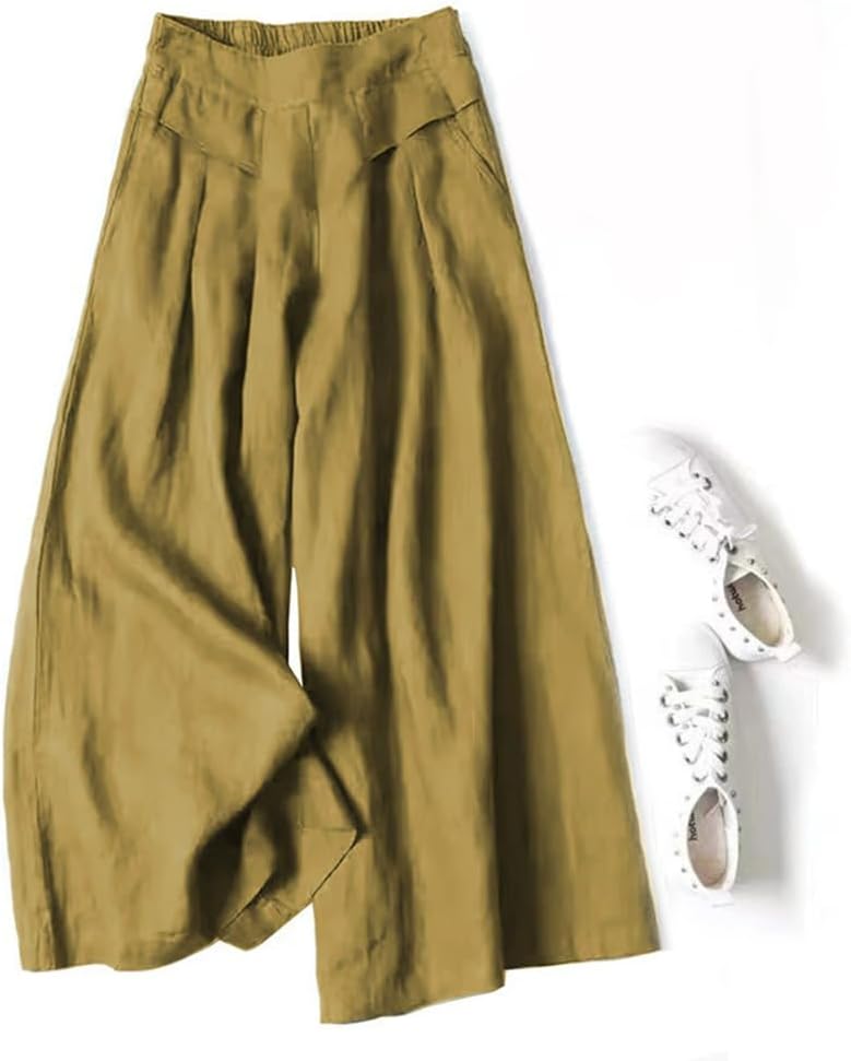 Women Loose Pendant Semi-Elastic High-Waisted Pant Thin Cotton and Linen Wide-Leg Long Pants