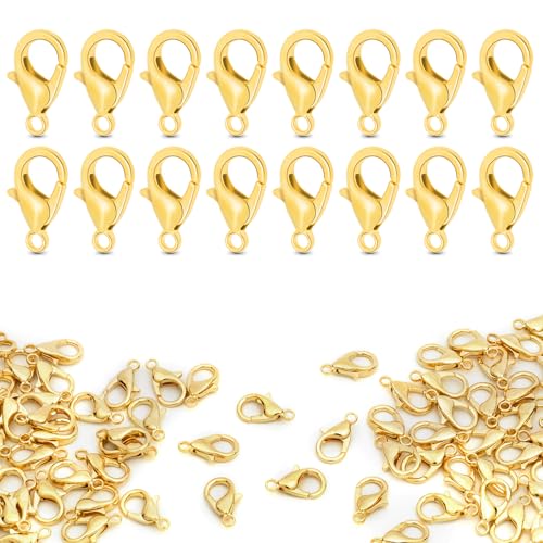 CooBigo 120pcs 12mm Lobster Clasps Tiny Metal Alloy Lobster Claw Clasps for Necklace Bracelets Clip Keychain Ring Jewelry Making Accessories (Gold)