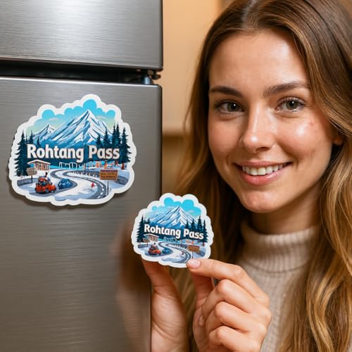 Image of Naxon Rohtang Pass Manali Theme Souvenir Wooden Fridge Magnet | Snow Mountains & Himalayan Pass Design 3x3In Refrigerator Magnet for Kitchen, Home Decor | Travel Gift from Himachal Pradesh | Pack of 1
