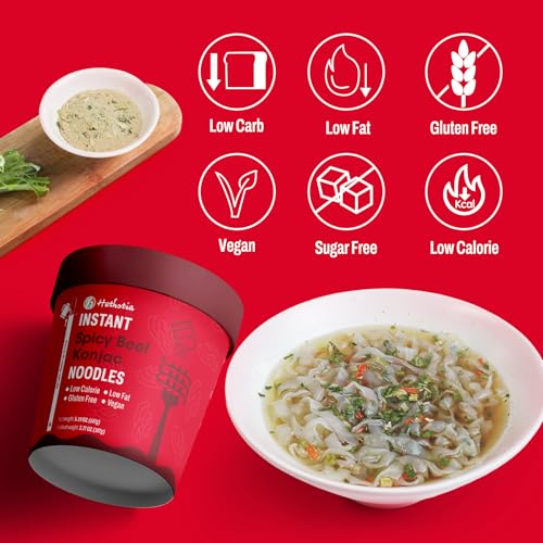 Image of Hethstia Konjac Noodle Spicy Beef Soup, 6-Pack Instant Shirataki Pho Soup Cup, Low-Calorie 34.32 oz Konjac Pho Pasta Spicy Beef Broth, Sugar-Free, Low-Carb, Gluten-Free, Vegan Healthy Asian Meal