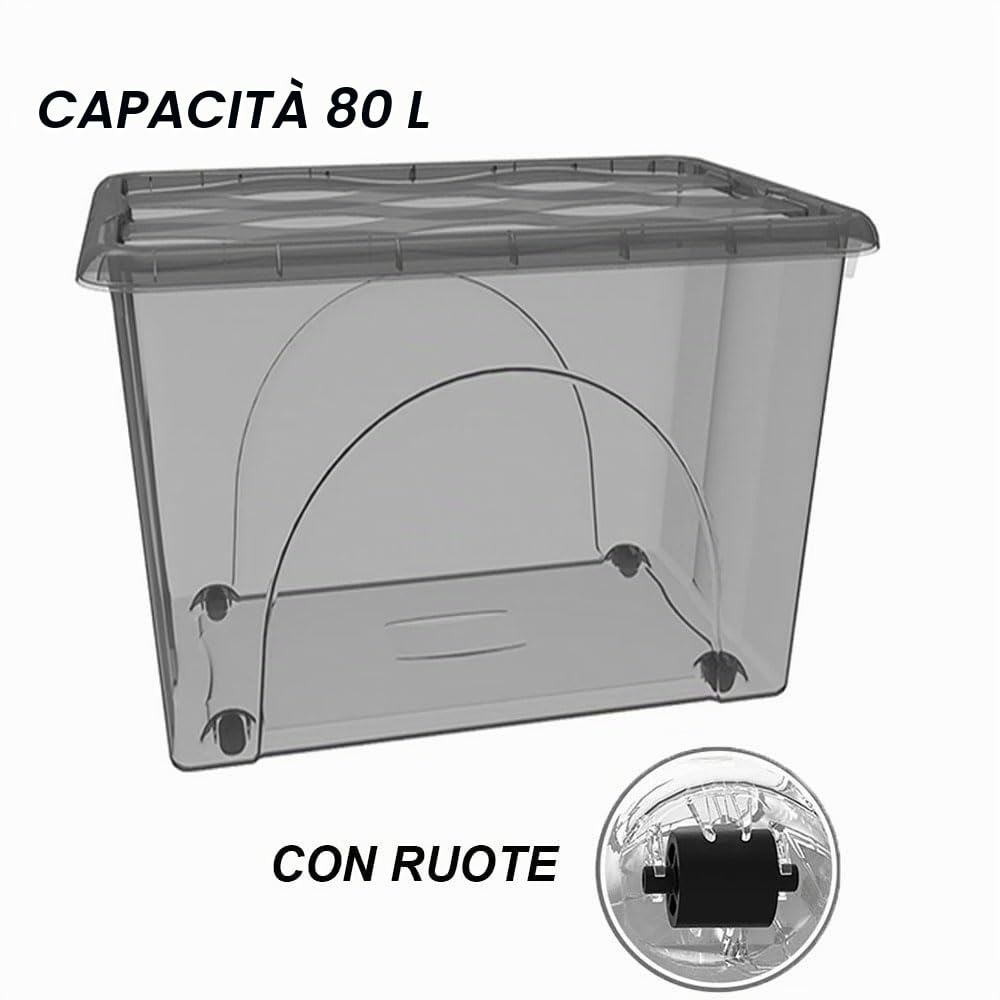 2 bauli STORAGE 80LT Scatole cassa Multiuso Grane cm 60x40x45 Box Portaoggetti Contenitore Organizer Salvaspazio con Coperchio fume 4 Ruote Sovrapponibile organizzazione cesta indumenti Casa Bagno