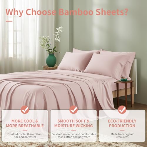 Image of Shilucheng 6 Piece Queen Sheet Sets, Cooling Sheets, Blend Rayon Derived from Bamboo, Deep Pocket Up to 16 inch, Breathable & Soft Bed Sheets, Hotel Silky Bedding Set, Light Pink
