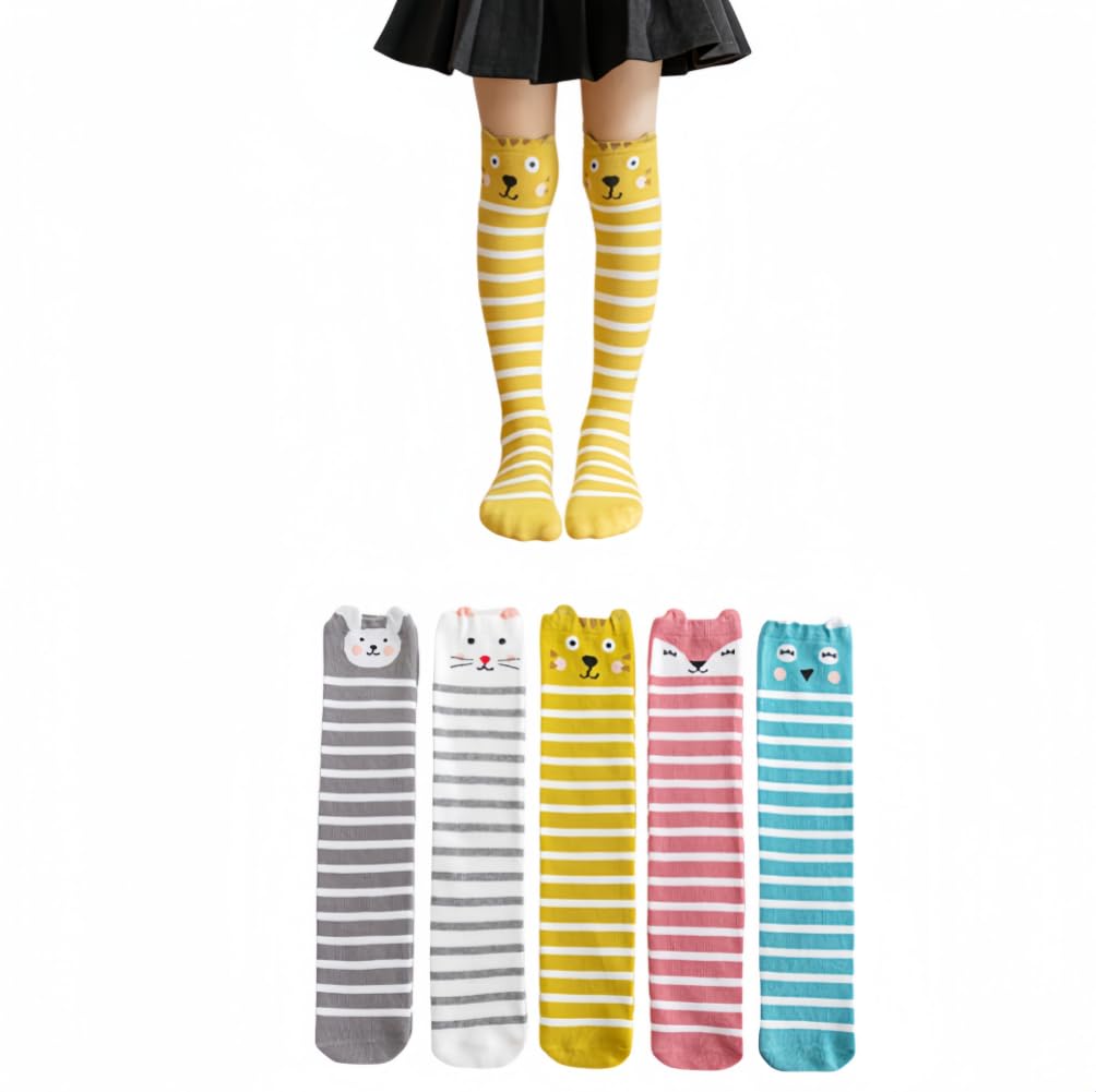 Lot de 5 paires de chaussettes hautes pour enfant fille - Chaussettes longues rayées - Chaussettes en coton - Chaussettes colorées sans couture - Chaussettes mignonnes - Caricature animal