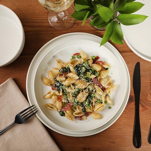 Image of Gibson Elite Bayou Moon Plates and Bowls Sets, 16-Piece White Matte Stoneware Dinnerware Sets, Solid Color Reactive Glaze Dish Set