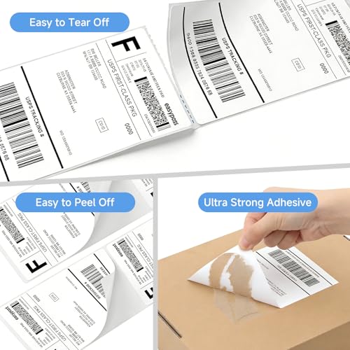 Image of Bluetooth Thermal Printer with Labels Holder and 500 Sheets 4x6 Fanfold Shipping Labels, Wireless Label Printer for Small Business, Compatible with iPhone, Android, Windows & Mac