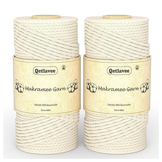 Qetlavee Premium Makramee Garn 2er Set | 5mm x 60M | 100% Natürliche Baumwollgarn | Plastikfreie Verpackung | Baumwollkordel | Baumwollseil für DIY Handwerk Stricken (Naturell)
