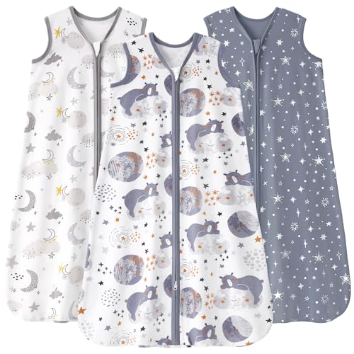 Image of FIEMOL Baby Sleep Sack 0-6 months, 100% Cotton Sleeping Sack for Newborn and Infant, 3 Pack Baby Wearable Blanket for Boy and Girl, 0.5 Tog Lightweight Double Zipper Sleep Bag Grey Moon Bear