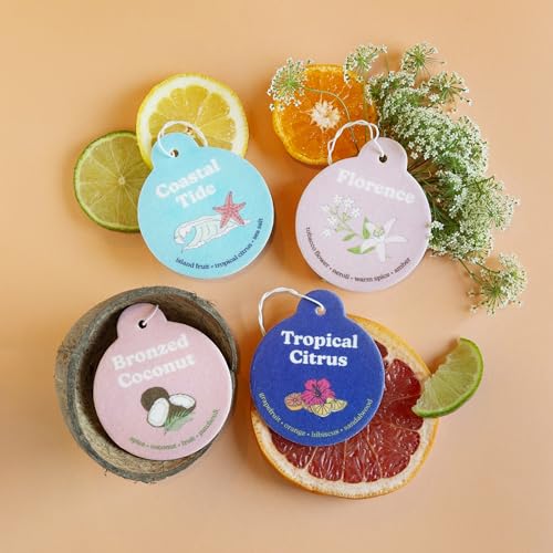Image of Happy Wax Summer Mix Car Charms 4-Pack Included Scents: Coastal Tide, Bronzed Coconut, Tropical Citrus, Florence
