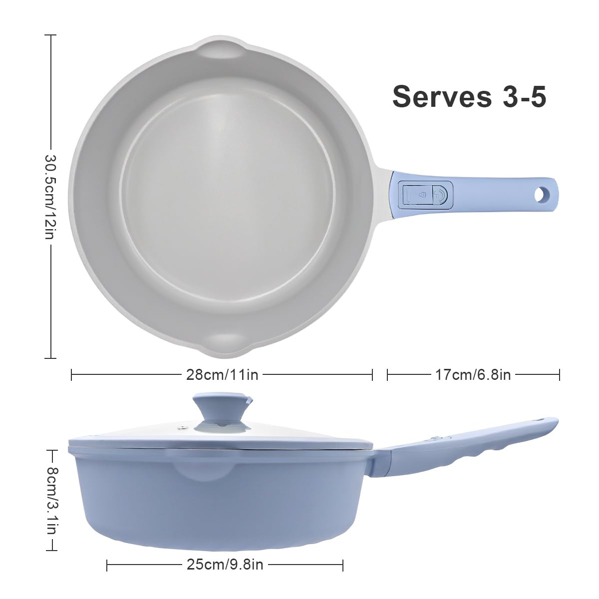 AIKENBBKK padella in ceramica 28 cm con coperchio, padella con rivestimento antiaderente con manico rimovibile, adatta a tutti i piani di cottura, adatta al forno (Azzurro)