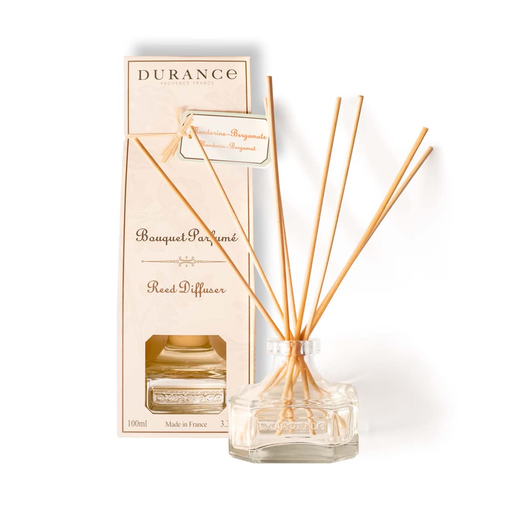 Durance Scented Reed Diffuser 100ml - Mandarin & Bergamot Fragrance - Glass Bottle with 8 Wooden Reed Sticks - Aromatherapy Air Freshener - Room Fragrance