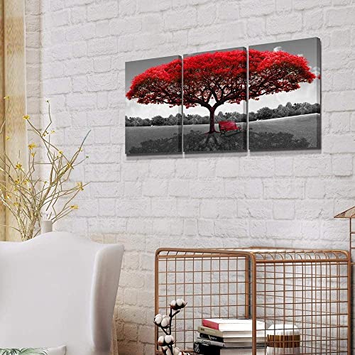 Black and White Red Tree Wall Art -Canvas Print Large Landscape Painting for Living room,Bedroom,Bathroom Home Wall Decoration Set of 12“x16