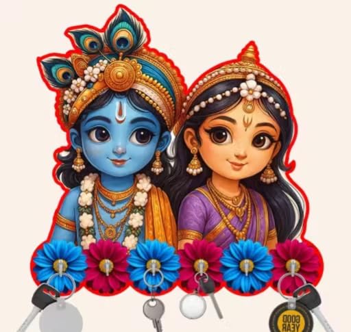 Image of Vintage Collection Wooden Key Holder for Wall, Wall Mounted Key Stand with Hooks, Hanging Rack for Living Room, Office and Door (Radhe Krishna Keyholder)