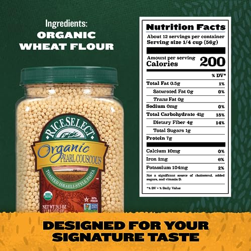 RiceSelect Organic Pearl Couscous, Israeli-Style Wheat Couscous Pasta, Non-GMO, 24.5-Ounce Jar, (Pack of 1)