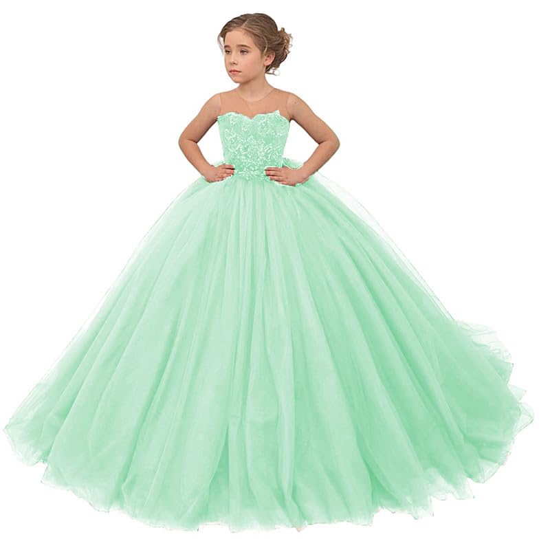 Girls Pageant Dress Beaded Appliques Flower Girl Dresses Tulle Sleeveless Long Party Ball Gown for Kids Dress