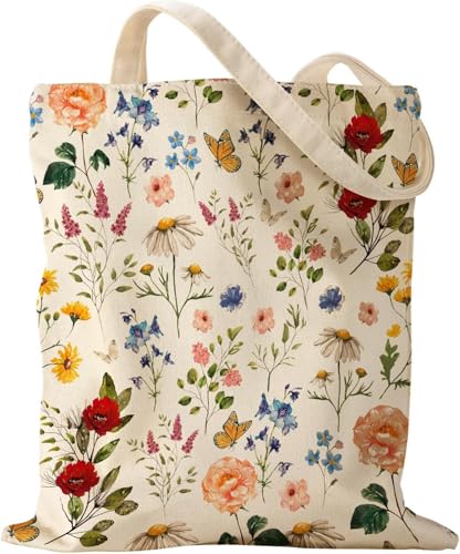 GIEEU Bolsa Tote Estética en Lona para Mujer, Bolsa de Compras Reutilizable con Bolsillo Interior con Cremallera, Grande Bolsa de Algodón para Gimnasio, Trabajo y Viajes