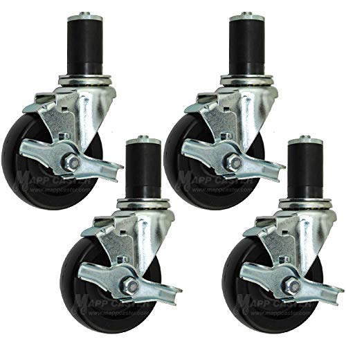 4” Food Prep Table Casters, NFS Certified, Water & Cleaning Solvent Resistant Wheels - Set of 4 (All Brakes)
