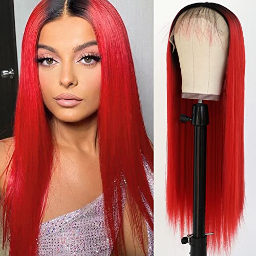 QD-Tizer Red Hair Color 13x4 Lace Front Wigs Long Straight Hair Ombre Red Wigs Dark Roots Heat Resistant Glueless Synthetic Lace Front Wigs for Fashion Women