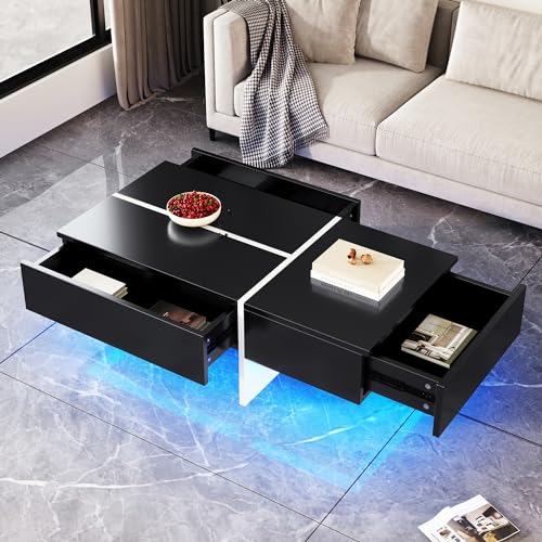 BTM Table Basse Salon, LED Réglable Via APP, Moderne Coffee Table Rectangle avec 3 Trois, Charge 50kg, 100 x50x35cm, Noir Brillant