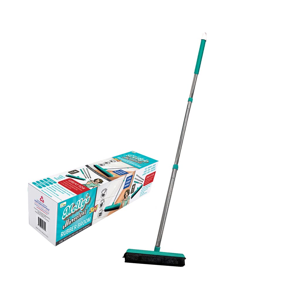 Molly’s Marvelous 3 in 1 Rubber Broom New for 2022 Stainless Steel Pole Wet & Dry Use Squeegee Duster 3 Piece Pole extends to 43", Pet Hair Removal, Rubber Bristles and Built-in Squeegee