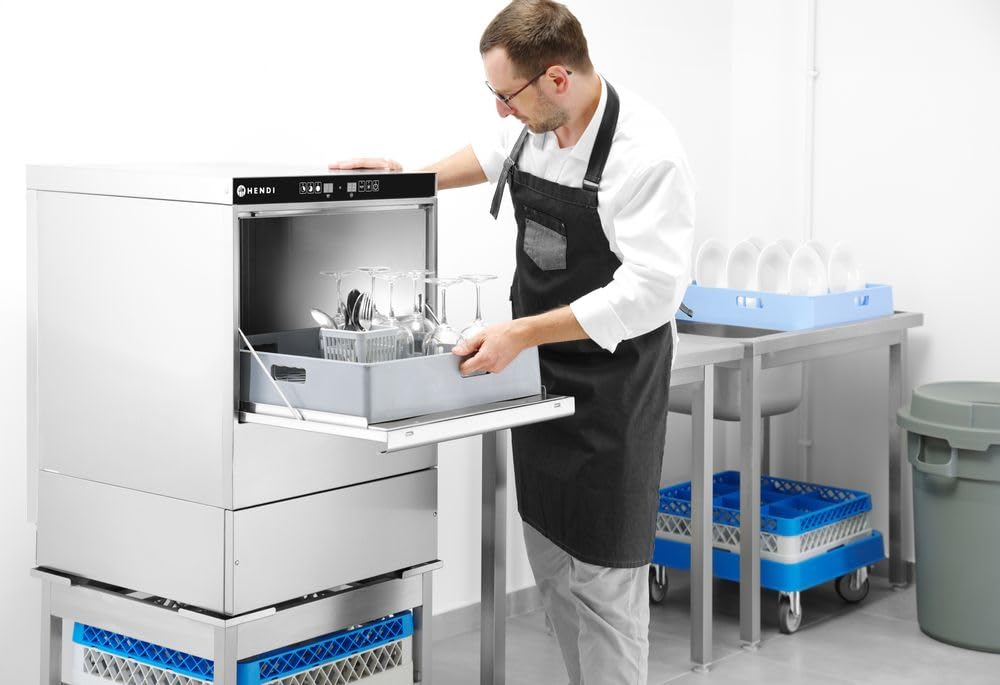 HENDI Lavavajillas industrial, para cestas 40x40cm, con control electrónico, máquina lavaplatos lavavasos lavacopas, 230V, 2800W, 470x510x(H)710mm, acero inoxidable