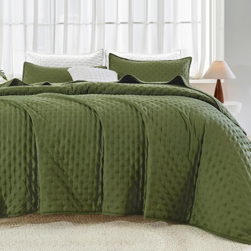 Image of Andency Green Queen Size Quilt Bedding Set (90x96 Inch), 3 Pieces Soft Lightweight Bedspread Coverlet, Boho Summer Quilt Queen Size for All Season