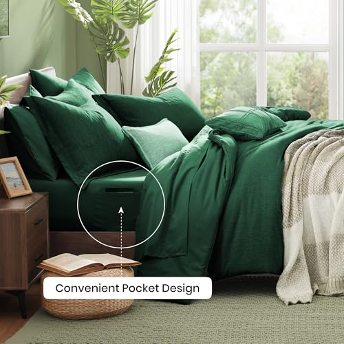 Image of Monbix Queen Comforter Set - 7 Pieces Cationic Dyeing Emerald Green Bed in a Bag Queen Bedding Sets with Comforter, Sheets, Pillowcases & Shams, Reversible Bedding Comforters Sets