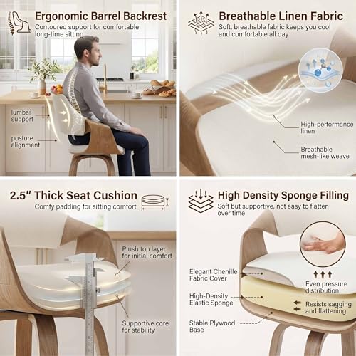 Image of 26'' Modern Barrel Swivel Counter Stools Counter Height Swivel Bar Stools with Backs Set of 2, Beige Linen Upholstered Bar Height stools, Farmhouse Solid Wood Barstools for Kitchen Island, Home Bar