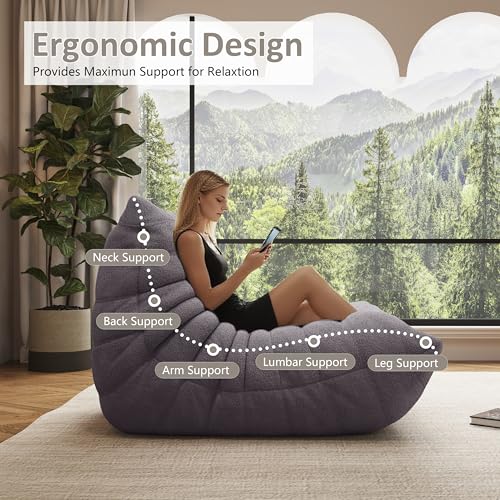 Image of Bean Bag Chairs for Adults, Memory Foam Reading Bean Bag Sofa Chair with Faux Fur Filler, Fireside Floor Gaming Chairs for Living Room, Bedroom and Office (Gray, Single)